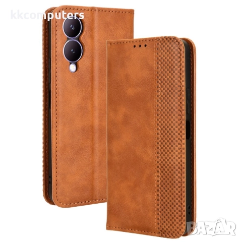 Кожен Ретро Калъф за vivo Y17s 4G / Y28 5G / Y33t -Магнитно затваряне, Държач за Карти и Стойка, вкл, снимка 4 - Калъфи, кейсове - 52560501