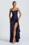 Дамска елегантна сатенена вечерна рокля с висока цепка и гръб с връзки в тъмносиньо, снимка 8