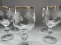 5 броя кристални чаши за вино Bohemia. Златен, плътен кант и гравюра с гроздов декор, снимка 10