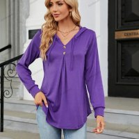 Дамски едноцветен свободен пуловер с качулка и V-образно деколте, 3цвята - 023 , снимка 15 - Блузи с дълъг ръкав и пуловери - 41906991