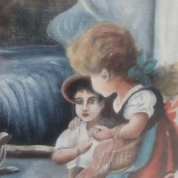 Стара Рисувана Картина на платно в перспектива Ангел пазител на децата, снимка 3 - Колекции - 42192914