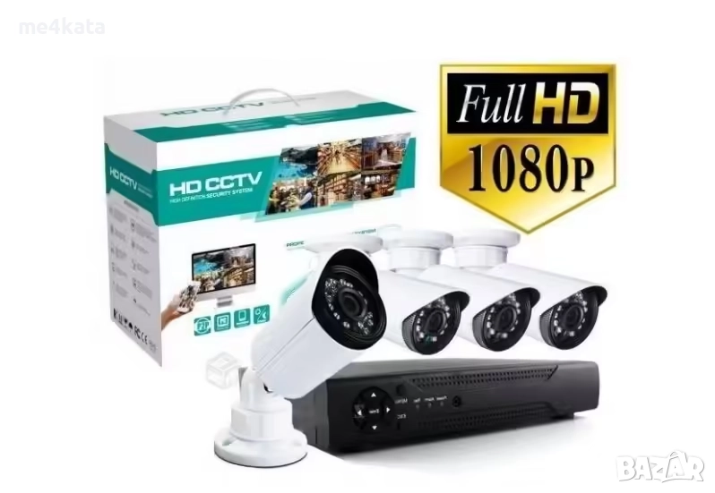 Комплект 4 Камери за Видеонаблюдение FULL HD AHD + DVR с Интернет – За Външно и Вътрешно Ползване, снимка 1