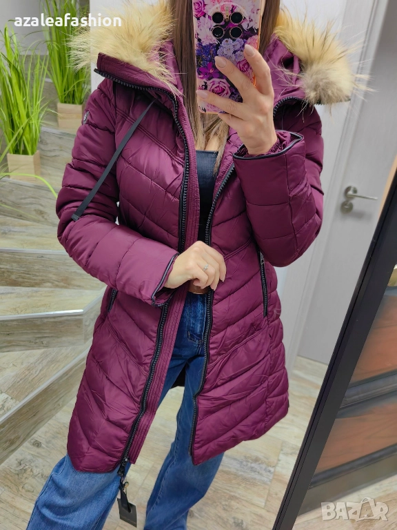 Дълго зимно яке с естествен косъм бордо, снимка 1