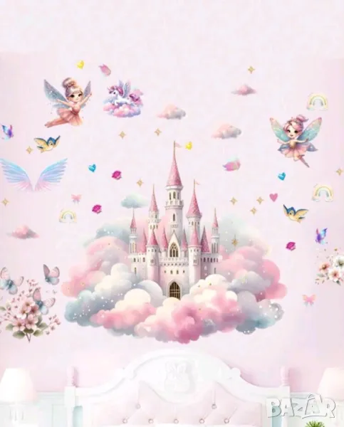 Замък феи еднорог самозалепващ стикер лепенка за стена детска стая декор , снимка 1