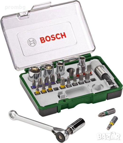 Bosch комплект 27 ч., битове, тресчотка 1/4 инча, накрайници, снимка 1