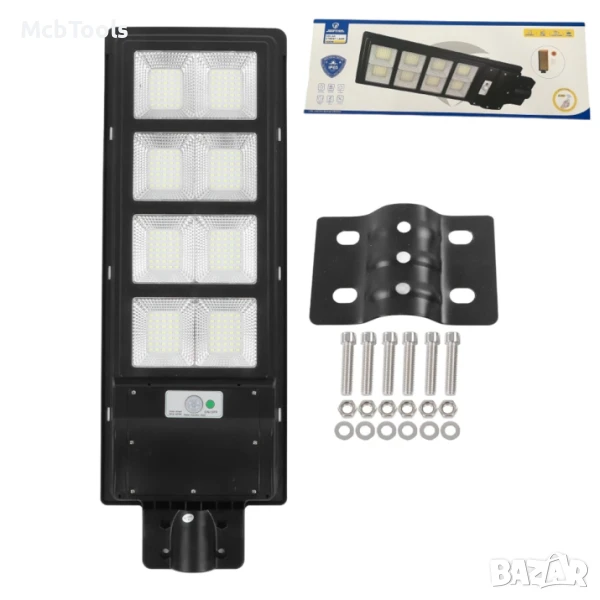 Улична соларна лампа със соларен панел и стойка, 400W, IP66, 12-16 часа автономия, 30 000mAh, 6500K, снимка 1