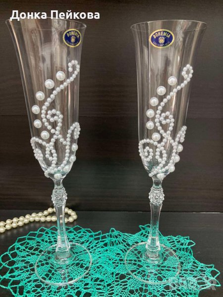 Ръчно декорирани сватбени чаши с перли , снимка 1