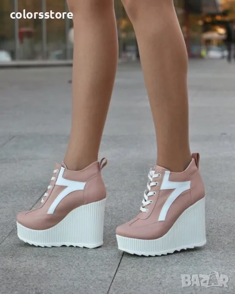 Кецове на платформа - бежова кожа с бяла лента - NO4, снимка 1