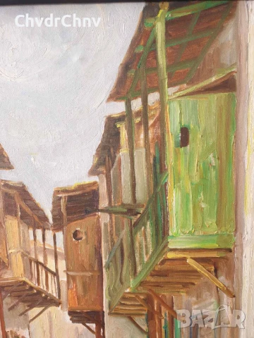 Kazakos 82х67см Казакос/голяма стара гръцка картина масло върху платно/възрожденски къщи/дърворезба, снимка 7 - Картини - 51404425