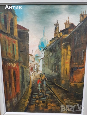 Красива Стара Картина Уличен Пейзаж Живопис Маслени Бои Дървена Рамка, снимка 6 - Антикварни и старинни предмети - 52566487