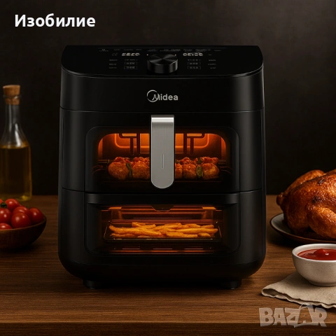 Еър Фрайър 2 в 1 - 11L - Midea MAD1100DADK - С две зони за готвене, 10 програми и 360° циркулация на, снимка 3 - Фритюрници - 53040713