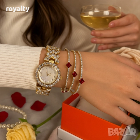 Готов сет за елегантност: кварцов часовник + 3 гривни с червени акценти, снимка 4 - Бижутерийни комплекти - 52122215