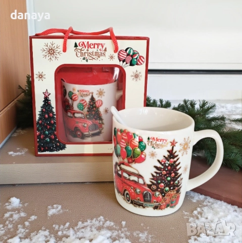 6241 Коледна чаша с ретро автомобил и елха Перфектен подарък за Коледа