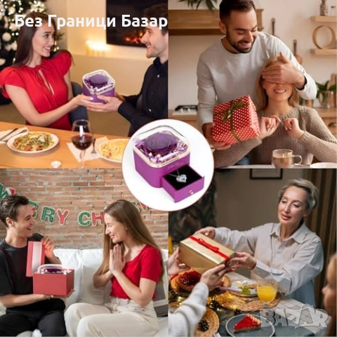Нова Истинска вечна роза + колие сърце, кутия за бижута, лилава, подарък, снимка 6 - Подаръци за жени - 53694574