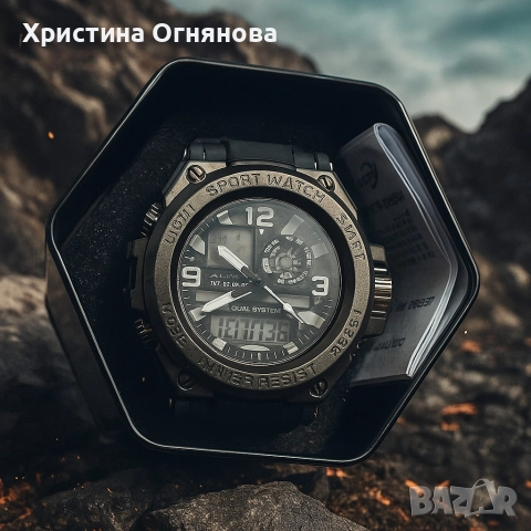 Спортен аналогово-дигитален мъжки часовник с подсветка, аларма и водоустойчив корпус, снимка 4 - Мъжки - 52606014