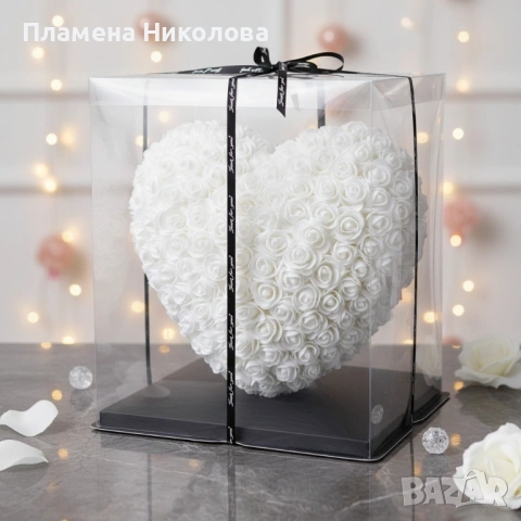 Декоративно сърце от изкуствени рози в подаръчна кутия, снимка 4 - Други - 53093497