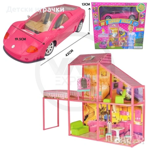 Двуетажна Къща за кукли Барби с кола 99 части , снимка 3 - Кукли - 53040174