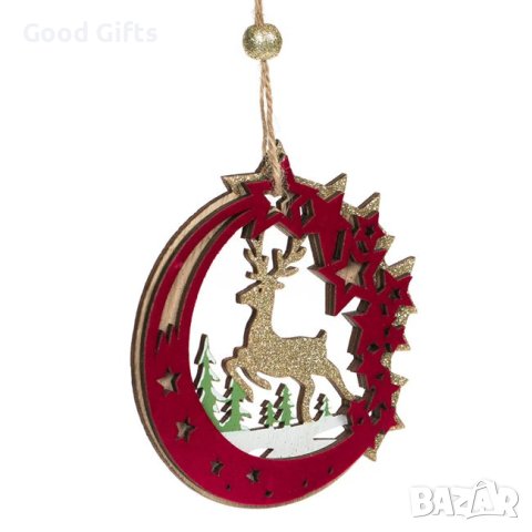 3 броя Дървени коледни висулки за елха, Луна с Елен и звезди, 10см, снимка 3 - Декорация за дома - 42700369