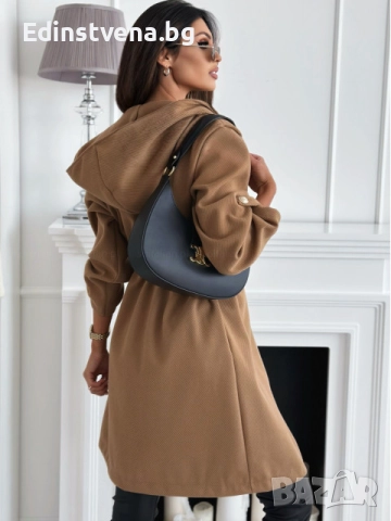 Дамско палто в цвят карамел с връзки на талията и качулка, снимка 5 - Палта, манта - 51456621