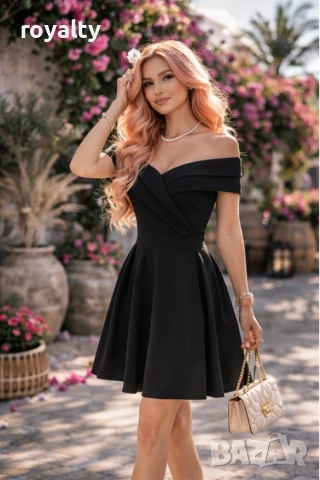 Дамска мини вечерна рокля с открити рамене цвят черен, снимка 2 - Рокли - 53706390