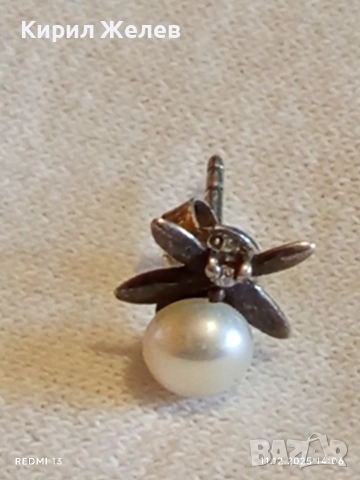 Винтидж сребърна обеца с флорален мотив и инкрустирана перла 50980, снимка 5 - Обеци - 52735533