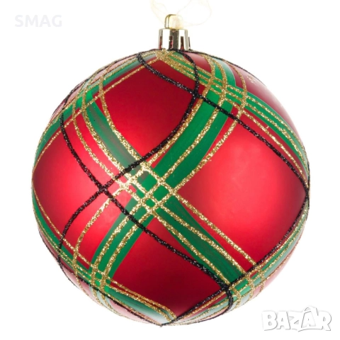 Коледна топка за елха червено кръстосано каре 10 см_1184530