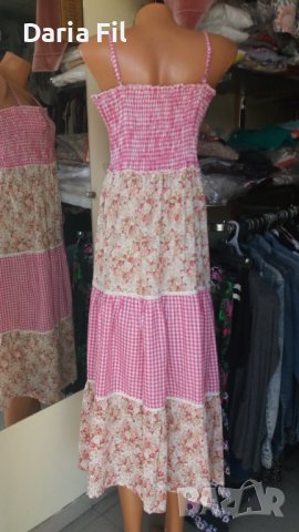 Дълга рокля на волани на цветя и в розово каре с тънки презрамки , снимка 7 - Рокли - 41116150