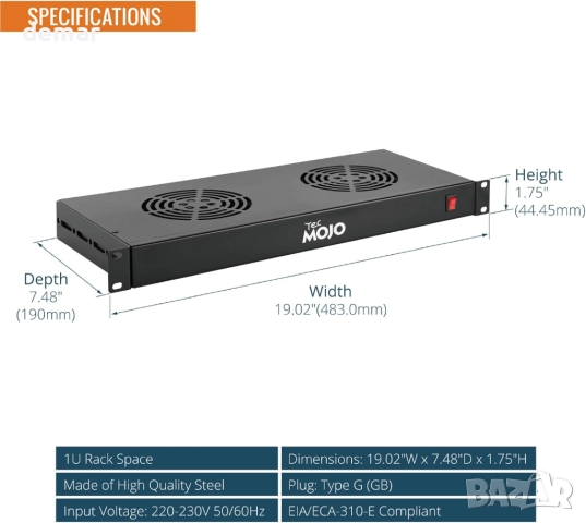 Tecmojo 1U 19'' охлаждащ блок за шкаф с 2 вентилатора, снимка 2 - Друга електроника - 51906019