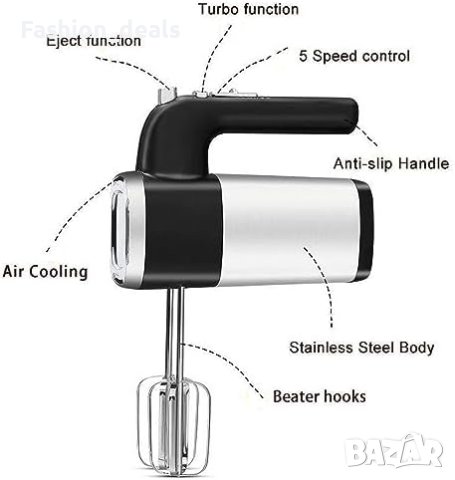 Нов Електрически ръчен миксер бъркалка 5 скорости Неръждаема стомана Кухня Дом, снимка 5 - Други - 42267793