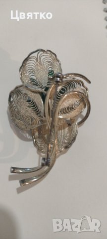 Брошка посребрена със зелени камъни: ахат., снимка 3 - Колиета, медальони, синджири - 40358893