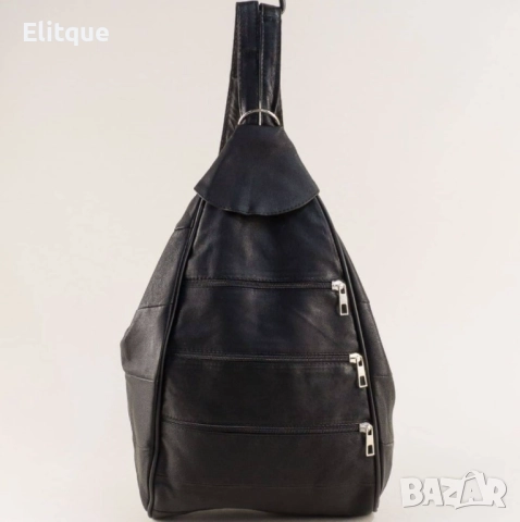 Модерна дамска черна раница с ципове от естествена к. 37х23 см., снимка 3 - Раници - 52895170