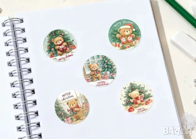100 бр Мече Коледни Merry Christmas малки самозалепващи лепенки стикери за ръчна изработка подарък, снимка 2 - Други - 52667256