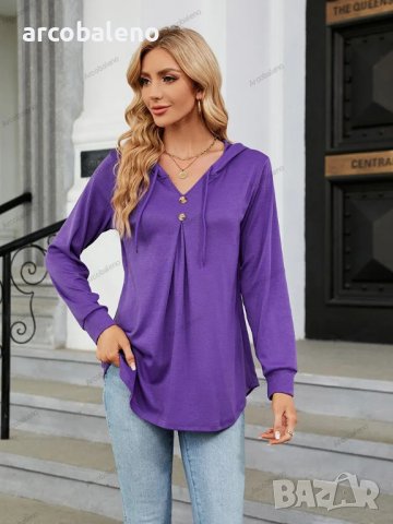 Дамски едноцветен свободен пуловер с качулка и V-образно деколте, 3цвята - 023 , снимка 15 - Блузи с дълъг ръкав и пуловери - 41906991