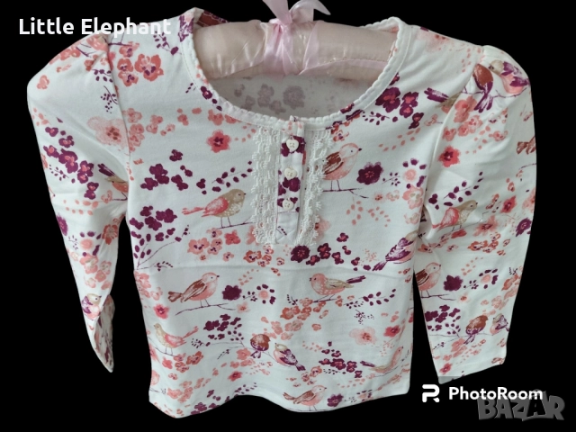 Блузка с дълъг ръкав за 5-6 год мом птички,цветчета и копчета,колекция"Animals",Англия/нова
