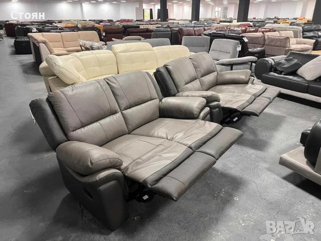 Двуцветни сиви кожени дивани две двойки "Pluto" с релаксиращ механизъм, снимка 5 - Дивани и мека мебел - 40740181