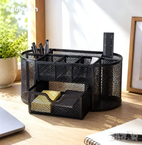 Метален мрежест органайзер за бюро с 9 отделения, 22 x 11 x 10 см