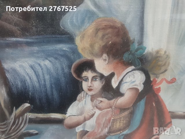 Стара Рисувана Картина на платно в перспектива Ангел пазител на децата, снимка 3 - Колекции - 42192914