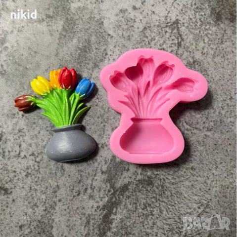 Ваза с лалета букет цветя лале силиконов молд форма фондан шоколад глина смола, снимка 4 - Форми - 36232945