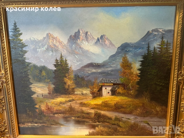 алпийски пейзаж/платно/ в масивна барокова рамка, снимка 4 - Антикварни и старинни предмети - 51990282