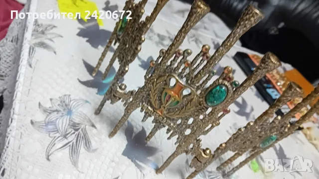 бронзов свещник Менора с тюркоаз, снимка 5 - Антикварни и старинни предмети - 56165260