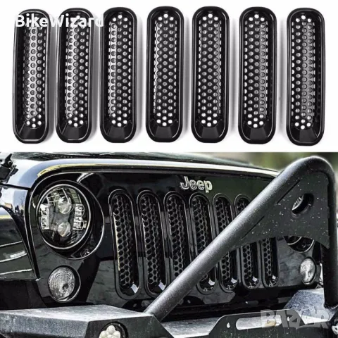 ATUR 7бр. Предна мрежеста решетка Грил комплект за 2007-2015 Jeep Wrangler JK НОВИ, снимка 1