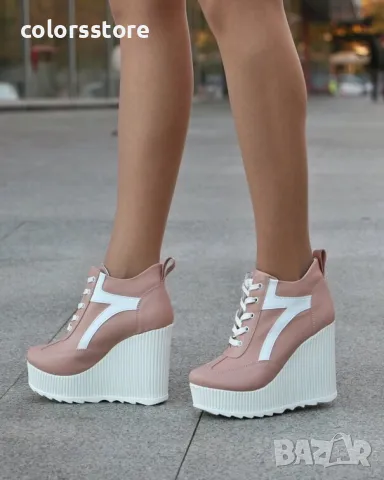 Кецове на платформа - бежова кожа с бяла лента - NO4