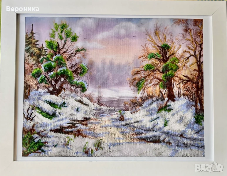 ушит гоблен с чешки мъниста "Зимен пейзаж", снимка 1