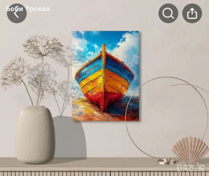 Ярка Маслена Живопис на Платно с Лодка - Морско Стенно Изкуство със Смели Чертежи и Богати Цветове,, снимка 1