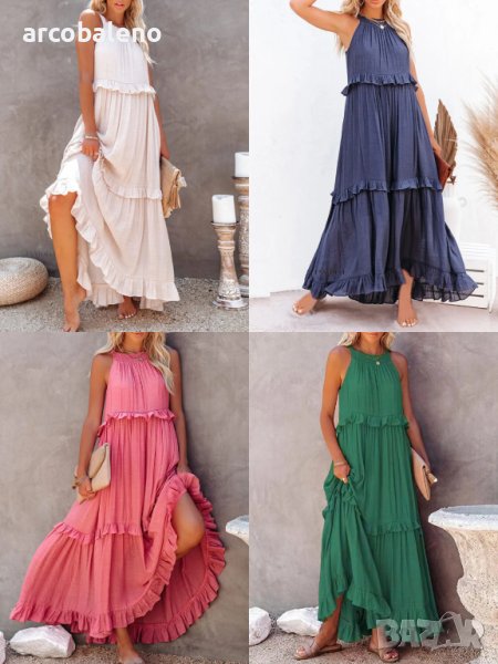 Дамска едноцветна A-силуетна дълга рокля без ръкави, 4цвята, снимка 1