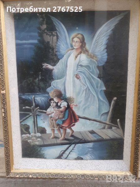 Стара Рисувана Картина на платно в перспектива Ангел пазител на децата, снимка 1