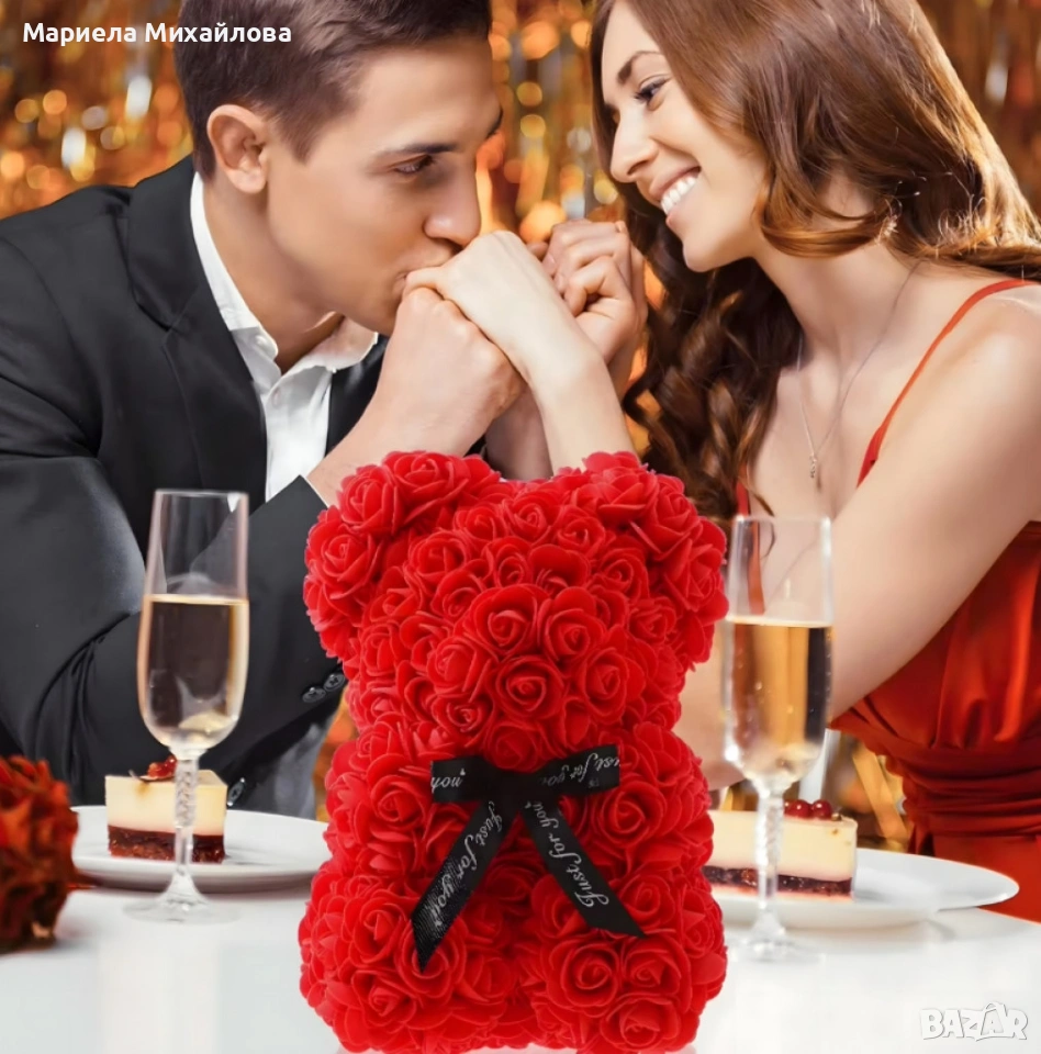 Плюшено мече с LED рози - подарък за мама, момиче, баба - комплект вечни рози 25 см., снимка 1