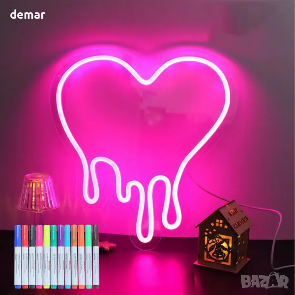 Неонов знак със сърце, розов LED знак със сърце, USB, димируем, с 12 цветни маркера, снимка 1
