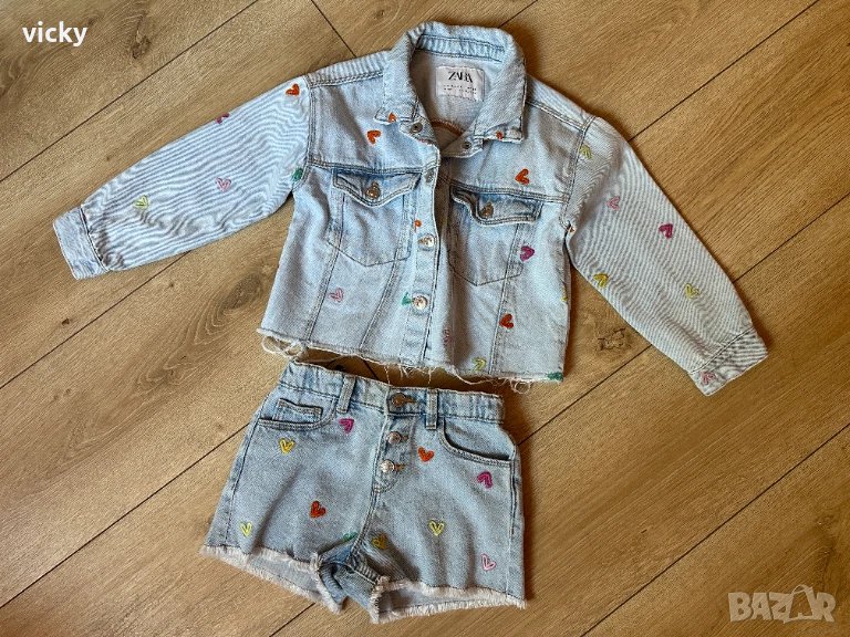 Дънков детски комплект с бродирани сърчица ZARA, размер 104 + ПОДАРЪК, снимка 1