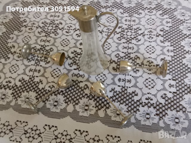 1930г АртДеко каничка метал стъкло 4метални чаши, снимка 4 - Антикварни и старинни предмети - 41046962